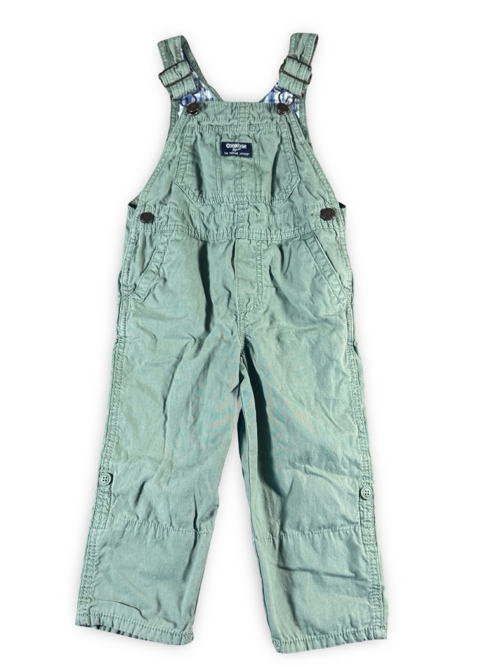OshKosh B'GOSH Green Overalls with Blue Plaid Rolled Cuffs 5T Toddler Kids